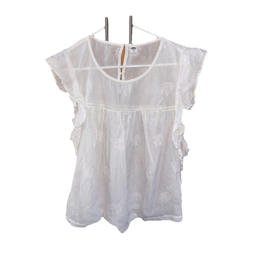 OLD NAVY WOMEN BLOUSE SHORT SLEEVE RUFFLE Sleeve Embroidered Eyelet M White